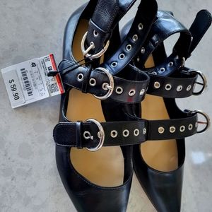 ZARA BLACK PATENT STRAPPY FLATS WITH SILVER BUCKLES FOR FASHIONISTAS! SZ 9. NEW!